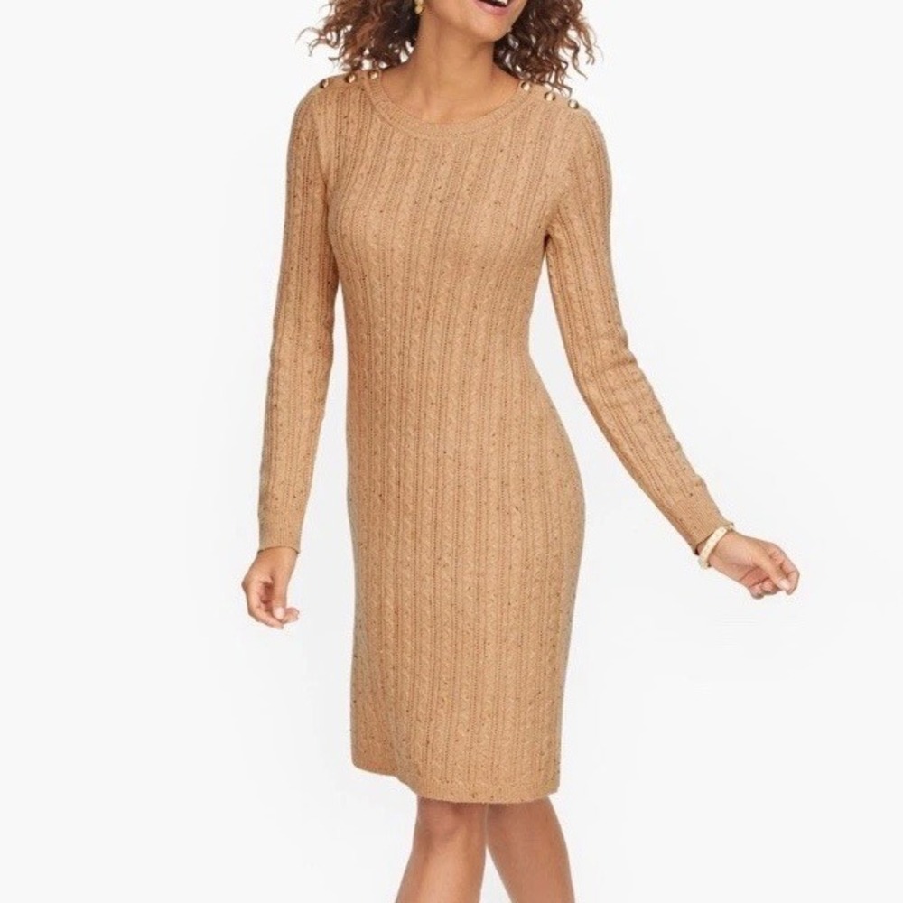 Talbots Oatmeal‎ Cable Knit Button Shoulder Sweater Dress Womens XL Gold Buttons